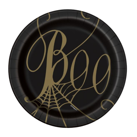 Black & Gold Spider Web "Boo" Round 7" Dessert Plates 8ct