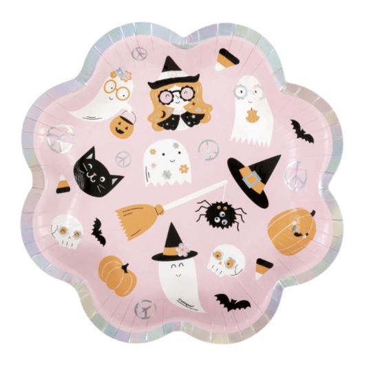 Groovy Halloween Scalloped Edge 8.25" Plates 8ct - Foil Iridescent Stamping