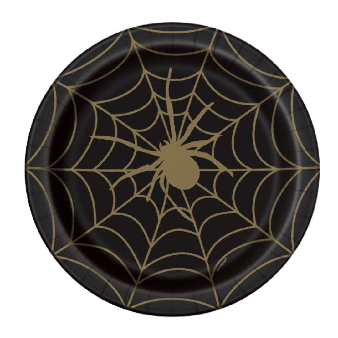 Black & Gold Spider Web Round 9" Dinner Plates 8ct
