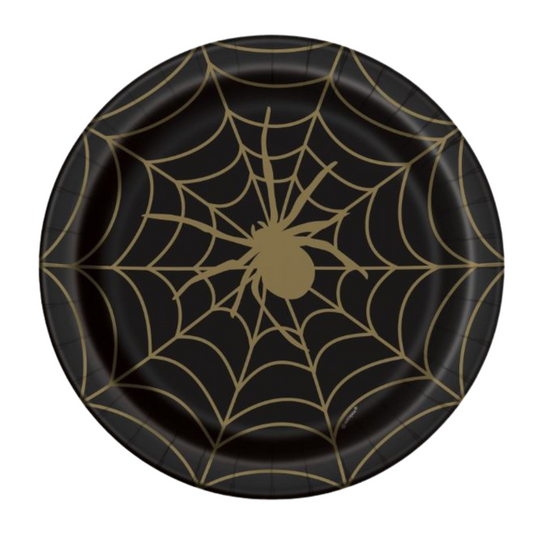 Black & Gold Spider Web Round 9" Dinner Plates 8ct