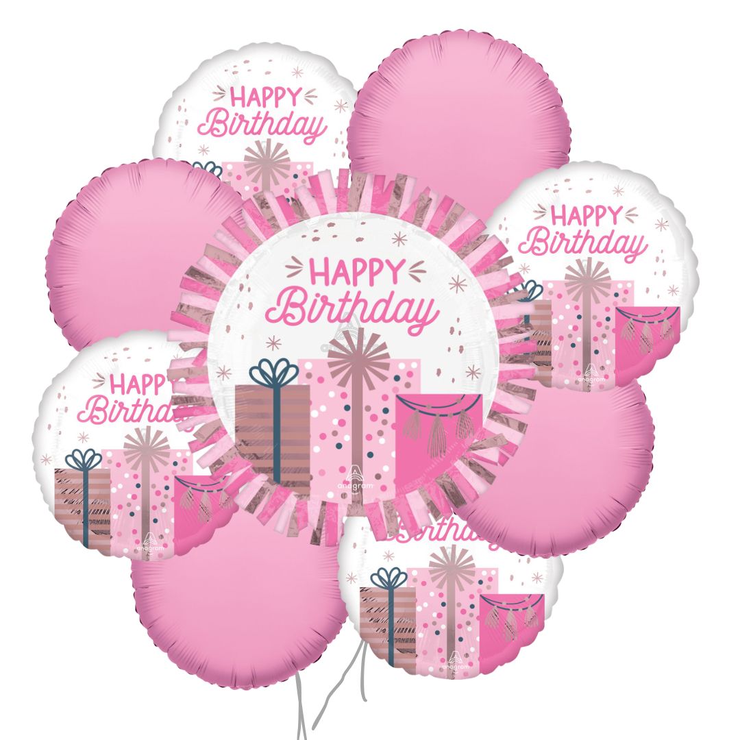 A set of pink and white foil balloons with 'Happy Birthday' text and gift box illustrations, arranged in a cluster on a white background.