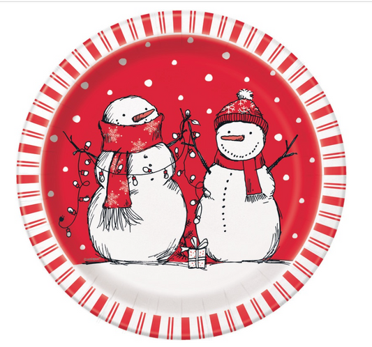 Red Stripes Snowman Round 9" Dinner Plates 8ct