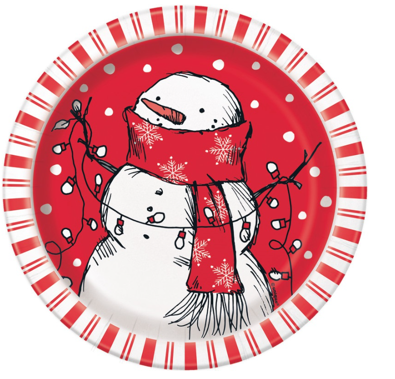 Red Stripes Snowman Round 7" Dessert Plates 8ct