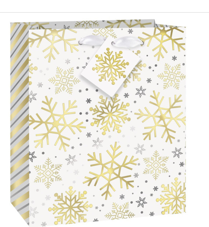 Silver & Gold Holiday Snowflakes Medium Gift Bag - Foil Stamping