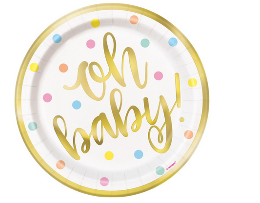 Oh Baby Gold Baby Shower Round 7 inch Plates