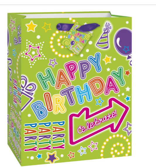 Green Neon Happy Birthday Large Gift Bag