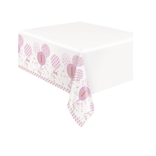 Pink Gingham 1st Birthday Rectangular Plastic Table Cover  54" x 84"
