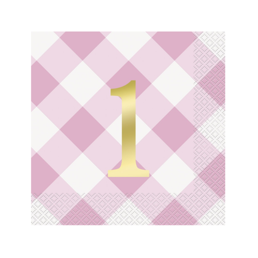 Pink Gingham 1st Birthday Luncheon Napkins  16ct - Foil Stamping