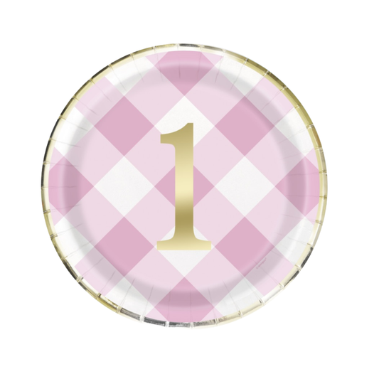Pink Gingham 1st Birthday Round 9" Dinner Plates  8ct - Foil Stamping