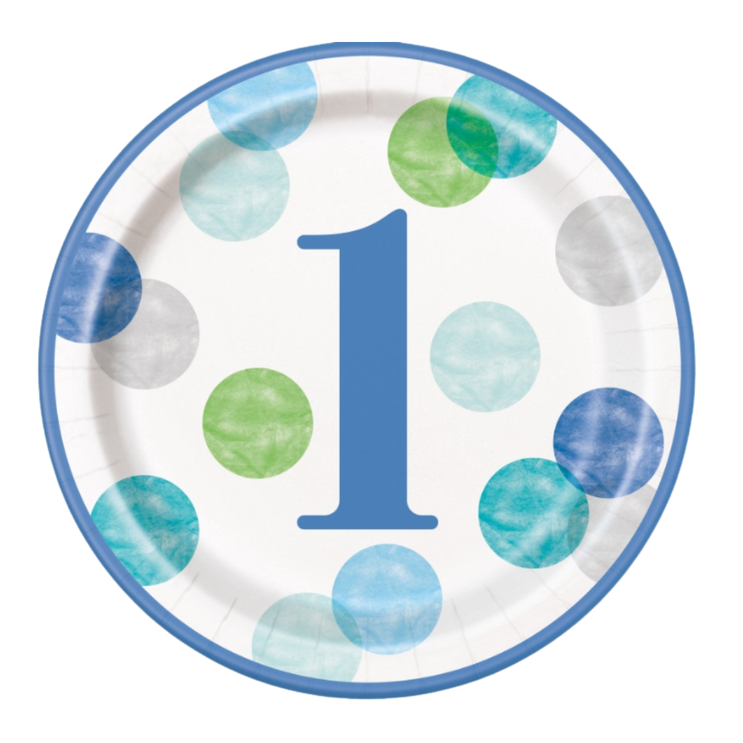 Blue Dots 1st Birthday Round 9" Dinner Plates  8ct