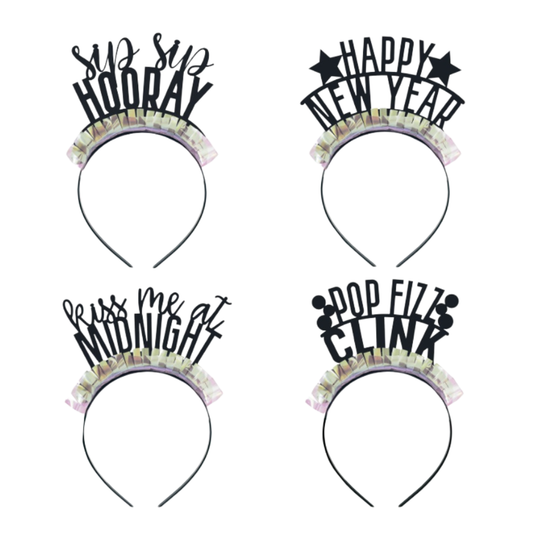 Black  Gold & Silver New Years Iridescent Fringe Party Headbands  4ct