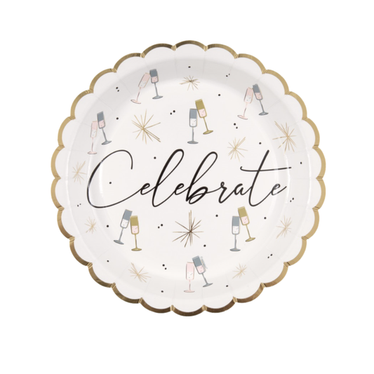 Toasting New Years "Celebrate" Scalloped Edge Round 9" Dinner Plate  8ct