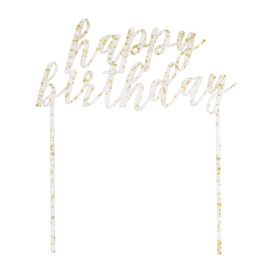 Happy Birthday Clear with Gold Foil Flecks Acrylic Cake Topper
