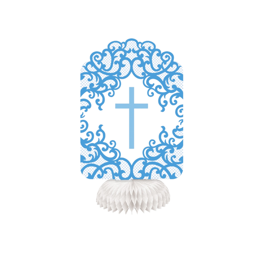 3 Fancy Blue Cross Honeycomb Decorations 8"H