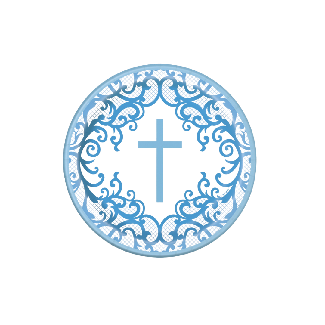 Fancy Blue Cross Round 7" Dessert Plates  8ct