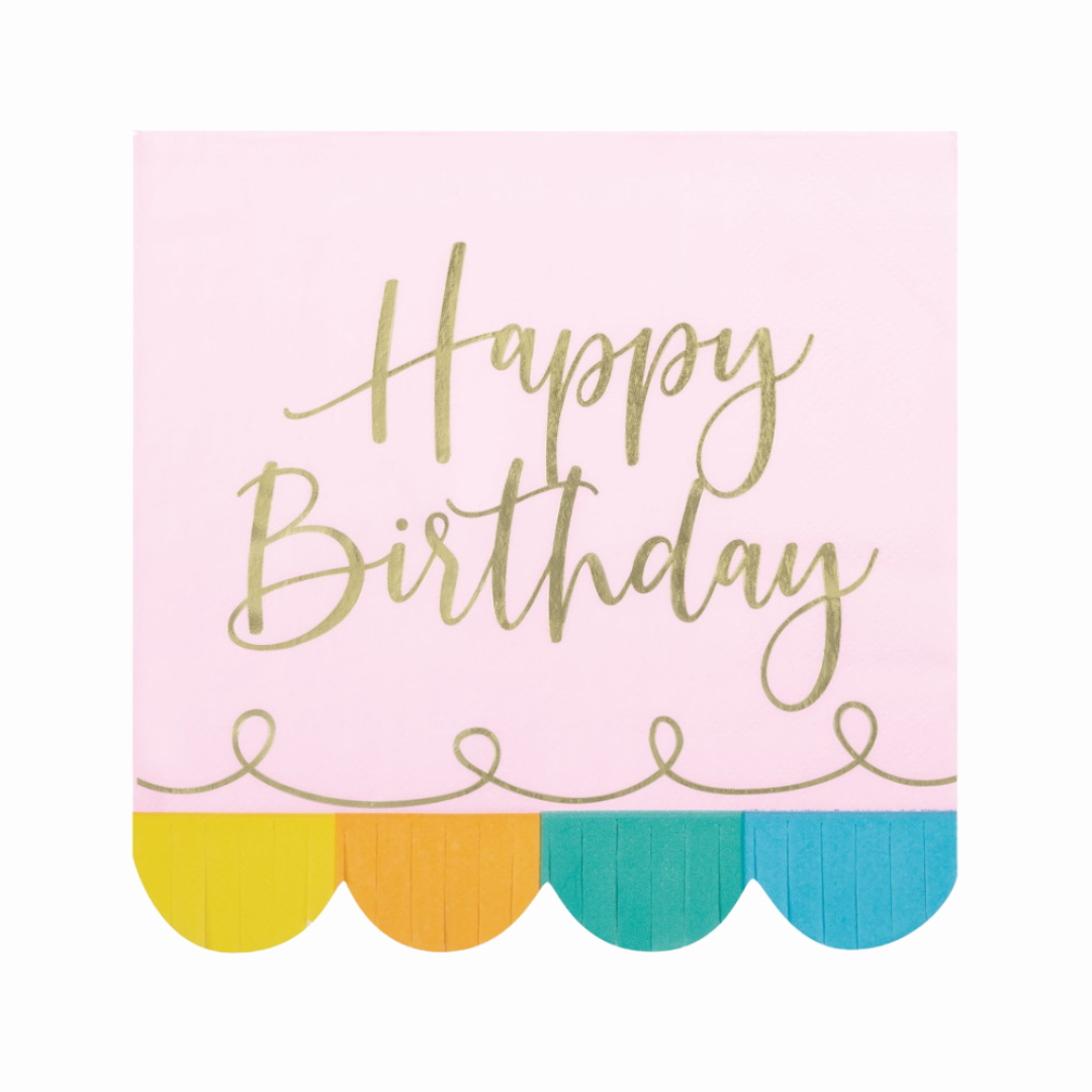 Rainbow Birthday Sweets "Happy Birthday" Scalloped Fringed Luncheon Napkins  16ct - Foil Stamping