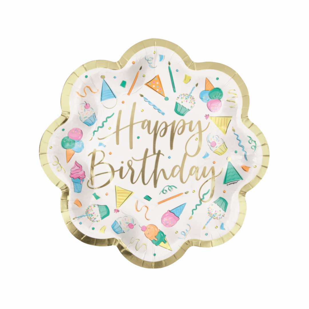 Rainbow Birthday Sweets "Happy Birthday" Wavy-Edged 8.25" Dessert Plates  8ct - Foil Board