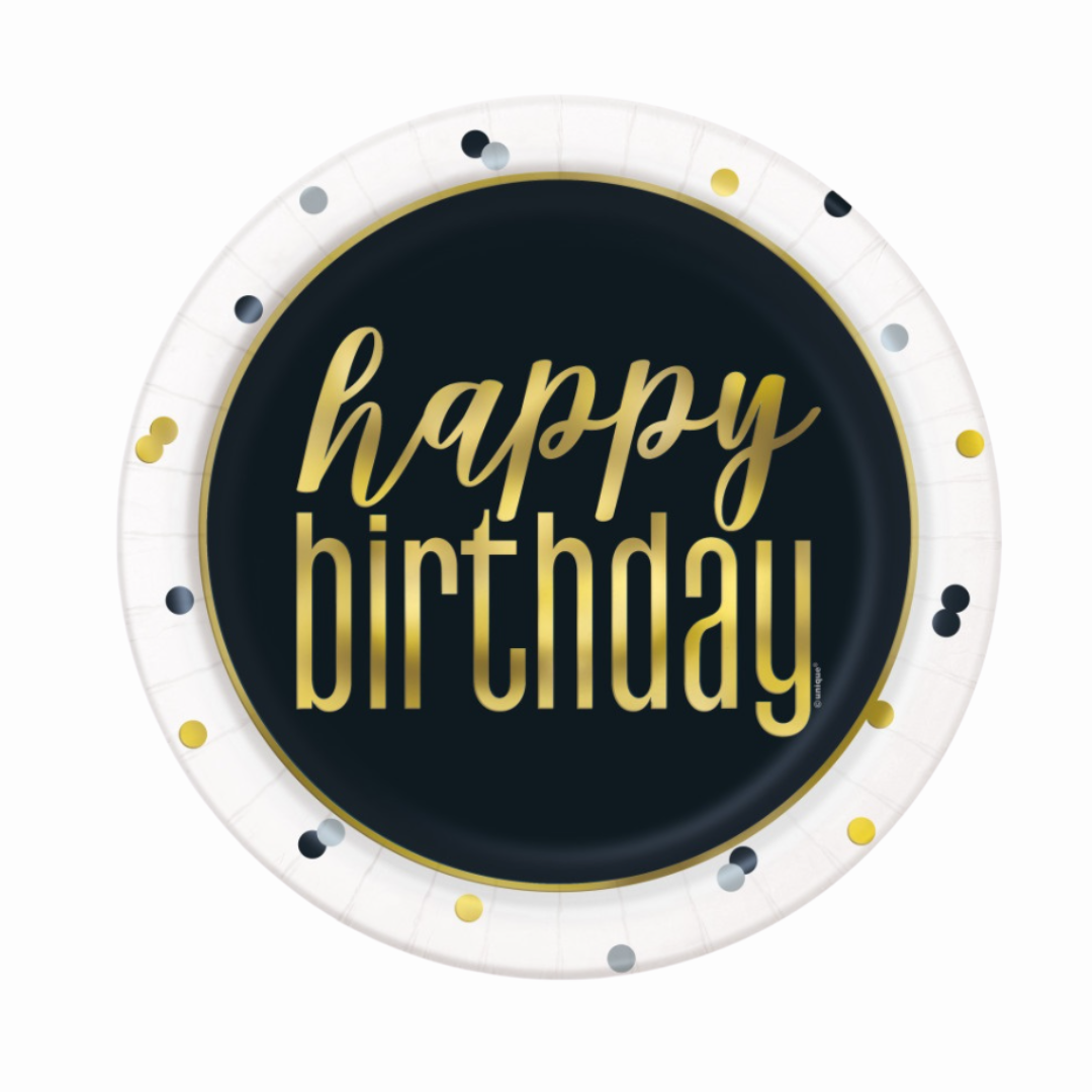 Metallic Happy Birthday Round 9" Dinner Plates  8ct - Foil Stamping