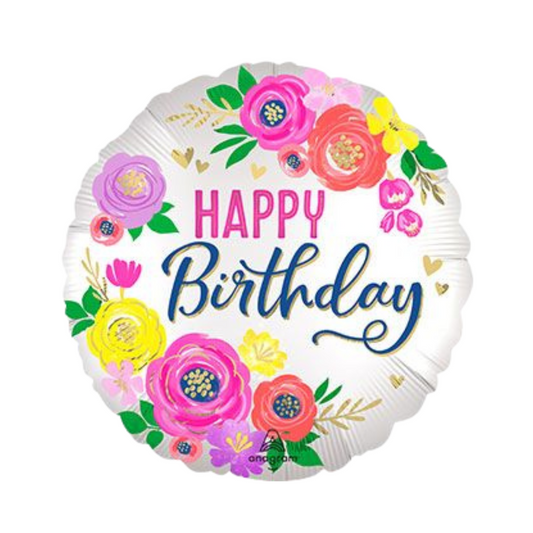 18" Satin Artful Floral Happy Birthday