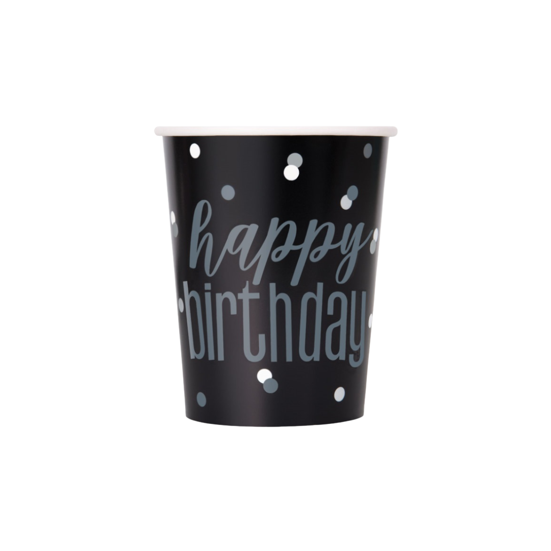Glitz Black & Silver Dots "Happy Birthday" 9oz Paper Cups  8ct
