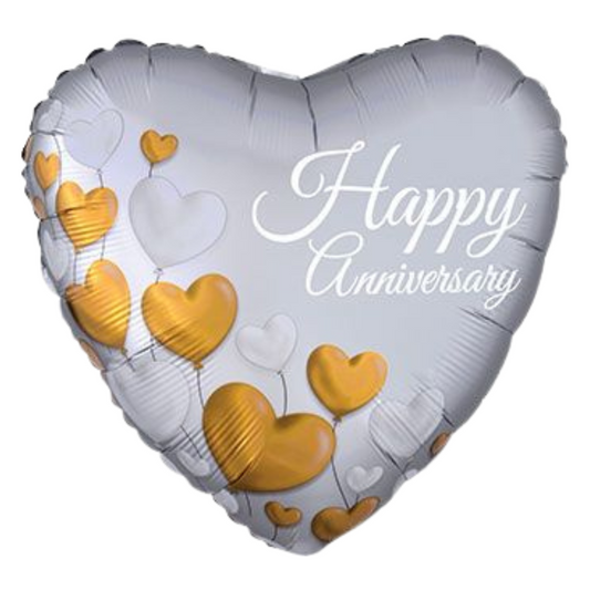 18" HAPPY ANNIVERSARY PLATINUM HEARTS SATIN LUXE