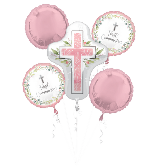 Balloon bouquet with cross design and 'First Communion' text on a white background