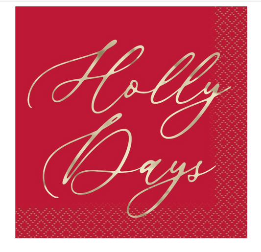 Traditional Christmas "Holly Days" Beverage Napkins 16ct - Foil Stamping