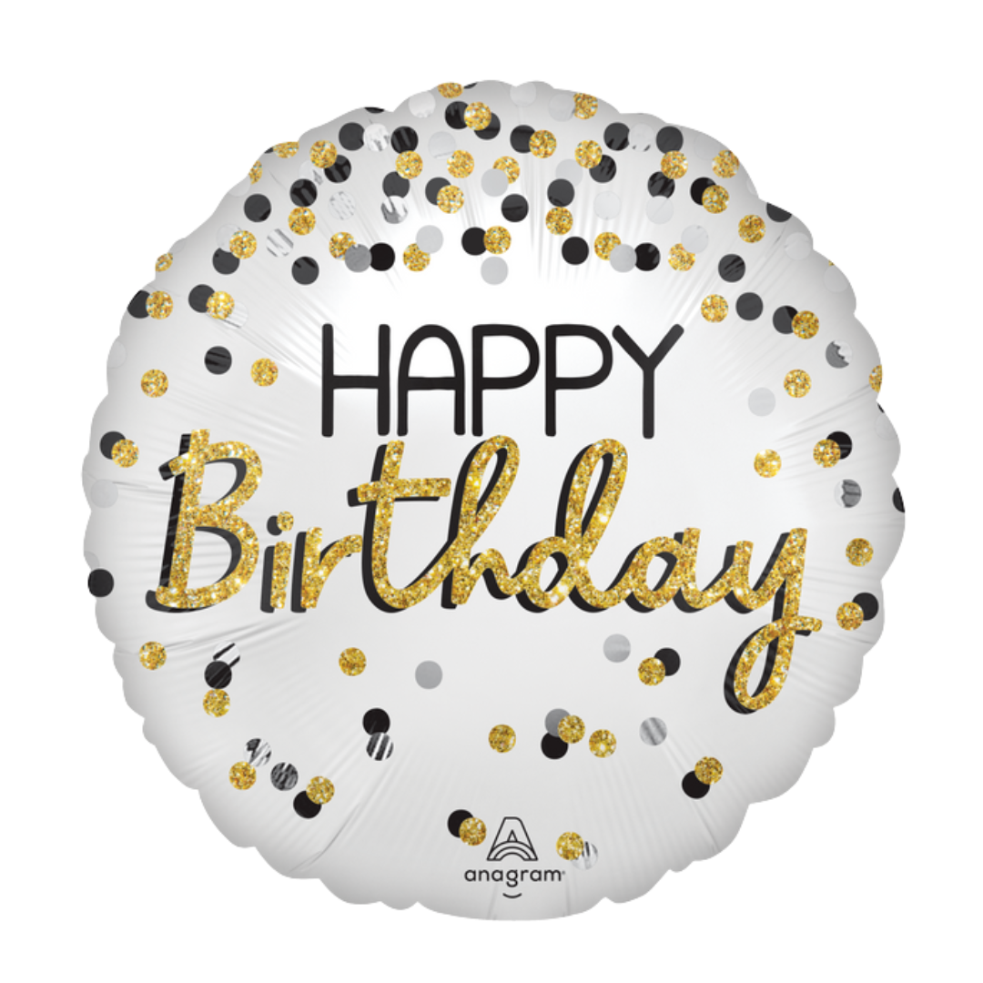 18"A Happy Birthday Satin Black Silver Gold