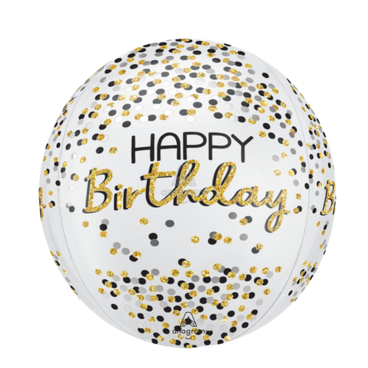 16"A Happy Birthday Black and Gold Orbz
