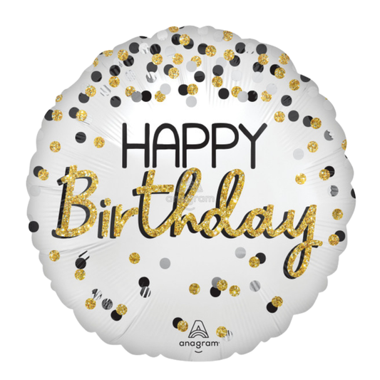 28"A Happy Birthday Satin Black Silver Gold
