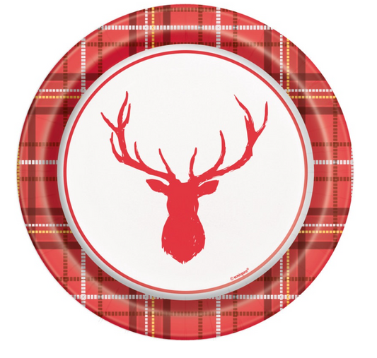 Plaid Deer Christmas Round 7" Dessert Plates 8ct