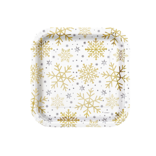Silver & Gold Holiday Snowflakes Square 9" Dinner Plates 8ct - Foil Board