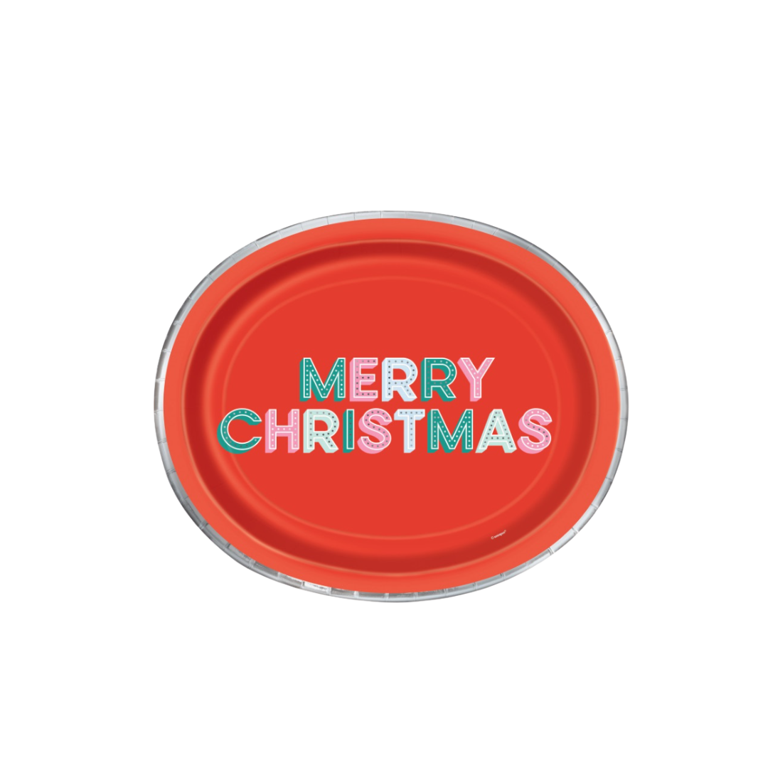 Bright Santa "Merry Christmas" Oval 12" Plates 8ct - Foil Stamping